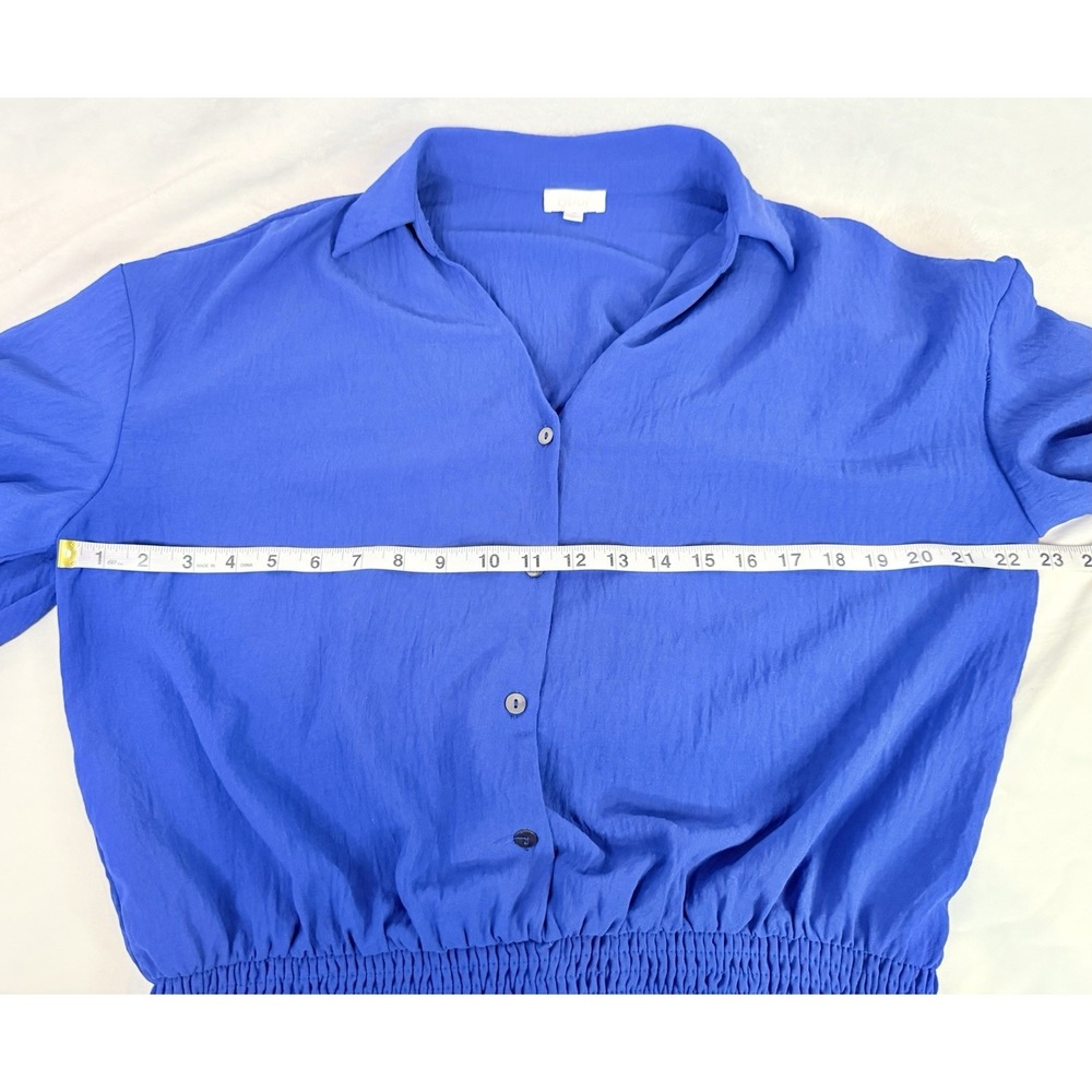 Oddi Cobalt Blue Smocked Hem Blouse M Balloon Sleeve Lightweight Boho Top - Picture 6 of 9